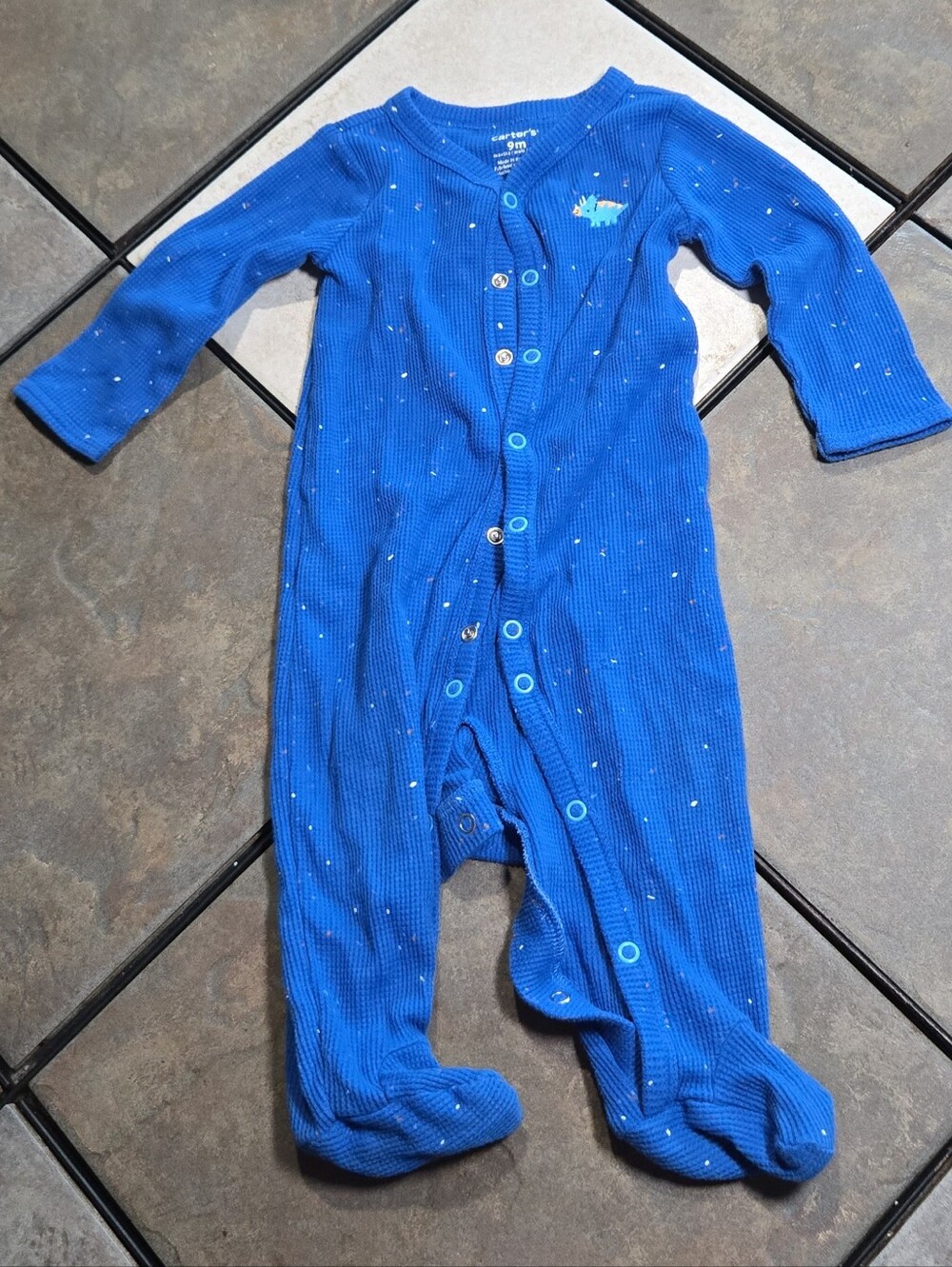 Carter's Dinosaur Footed Pajamas 9M Blue Waffle Knit Snap Front Sleeper Baby PJs